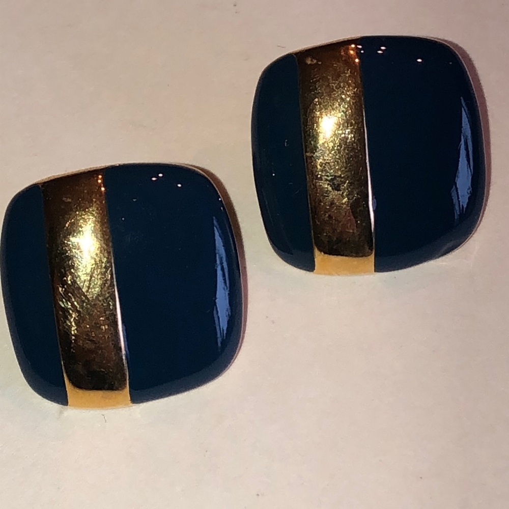 Sarah Coventry Gold Tone and Blue Square Retro Boho Earrings